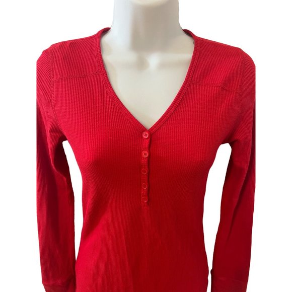 Red Thermal Waffle V-Neck Knit Long Sleeve Top Size Small - Picture 2 of 5